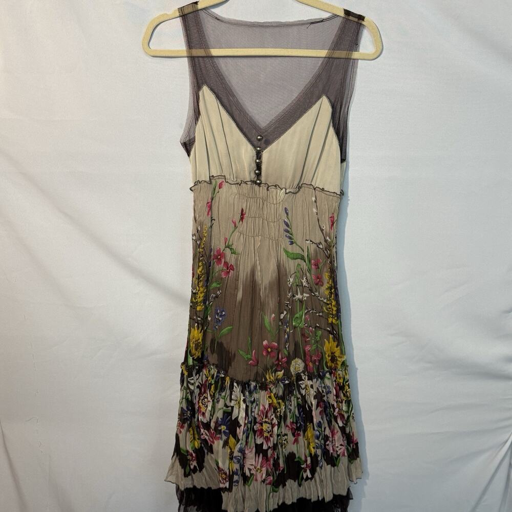 BCBGMaxazria Silk Tulle Dress Womens Medium Brown Floral Chiffon Sheer Trim - Picture 2 of 16